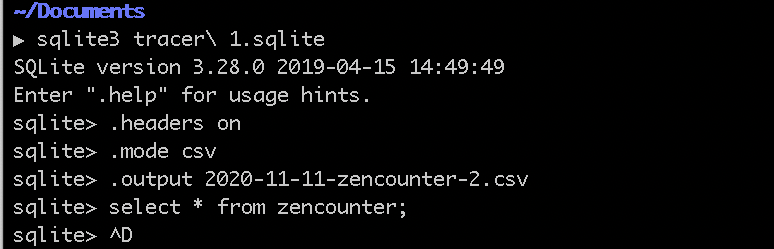 Screen capture of extracting the SQLite database "tracer.sqlite" to a CSV files