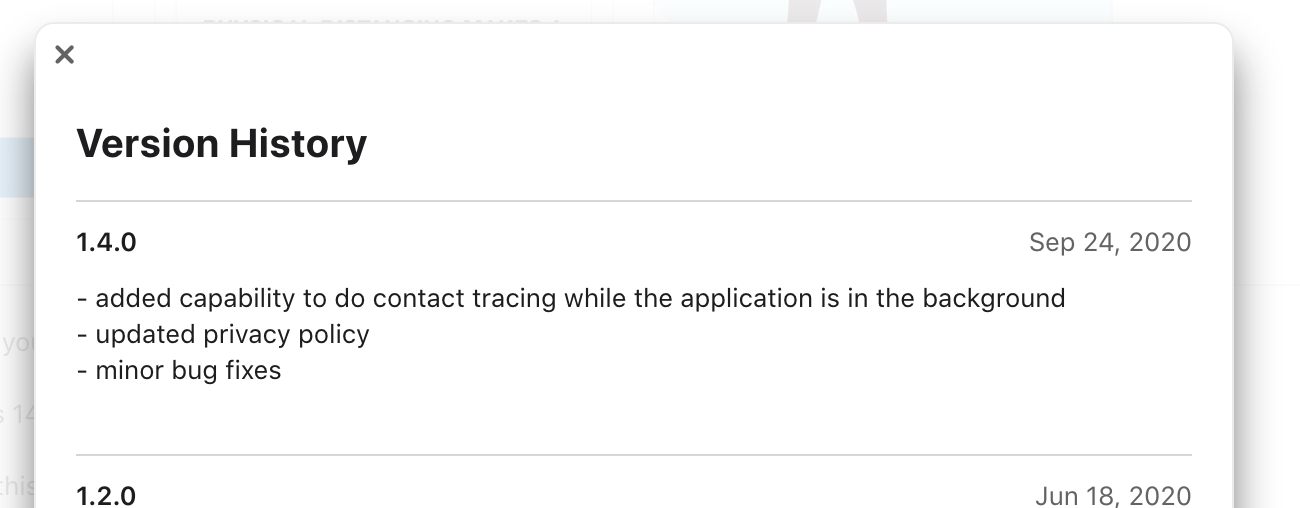 Screen capture of the Version History from ABTraceTogether sourced from the Apple App store, indicating an update in version 1.4.0 that "added capability to do contact tracing while the application is in the background"
