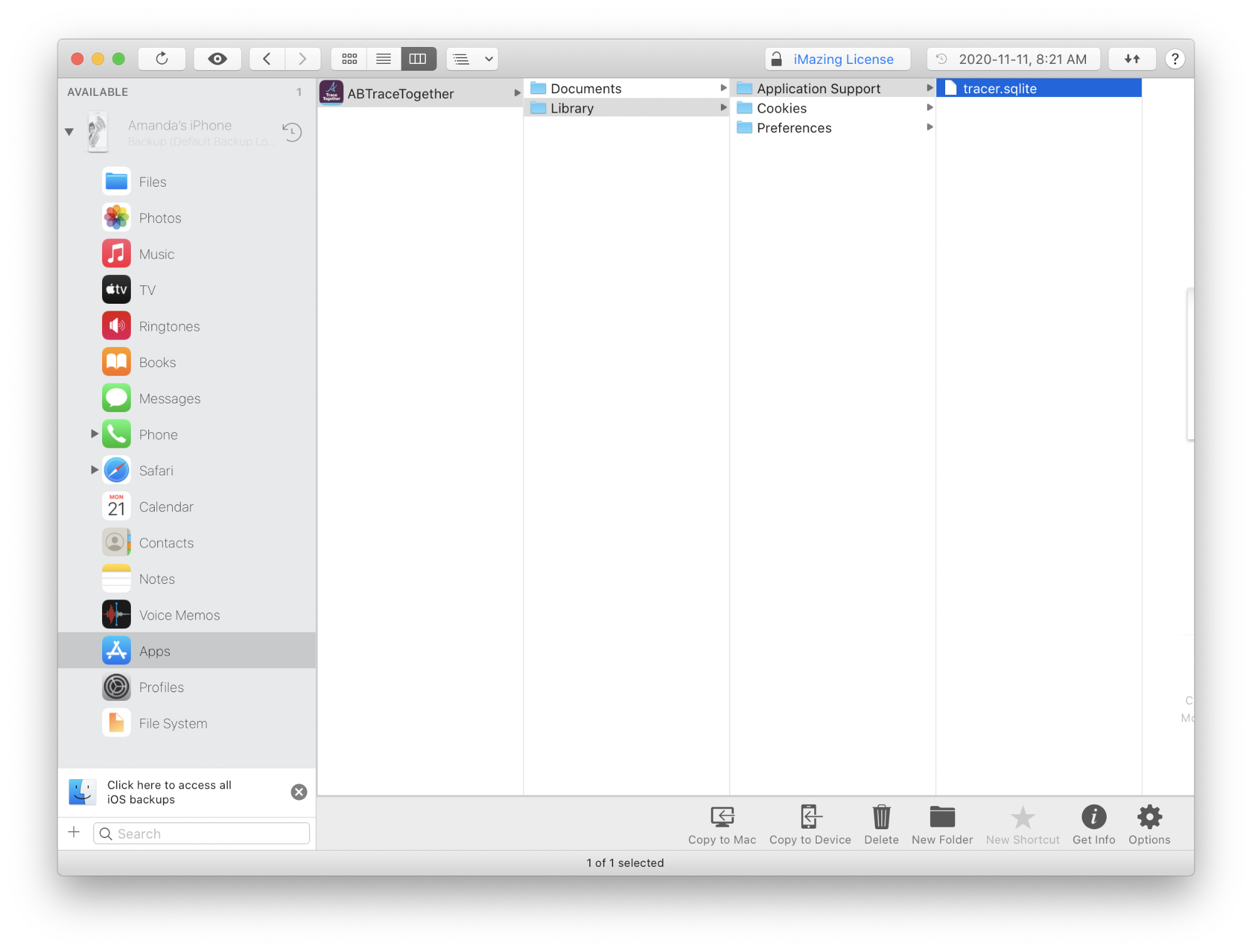 Screen capture of extracting the "tracer.sqlite" file from an iPhone using the tool iMazing