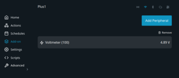 Shelly web UI showing a "Voltmeter" configured in the "Add-on" section, reading a voltage of 4.89 V.