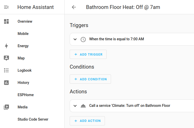 Home Assistant web UI showing an automation to turn off the bathroom floor at 7am.