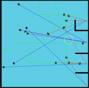 Screenshot of a cyan background, on which small character sprites are randomly distributed.  The sprites have green, blue, and red lines emanating from them towards points on the right side of the map.
